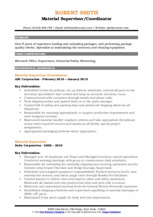 Material Supervisor Resume Samples QwikResume