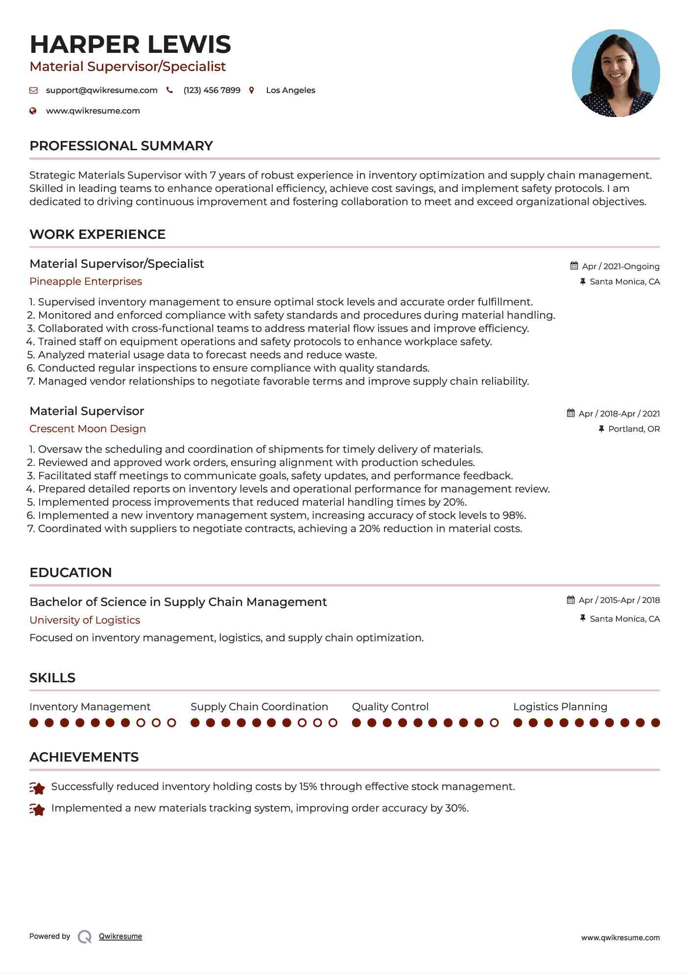 Material Supervisor/Specialist Resume Format