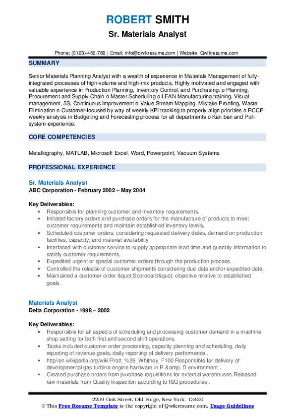 Materials Analyst Resume Samples QwikResume