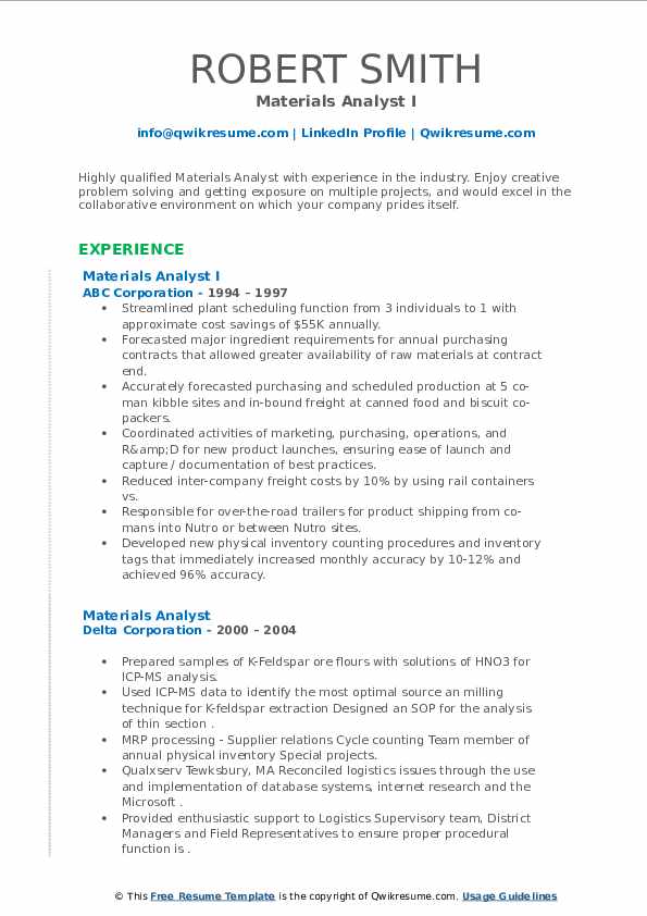 Materials Analyst Resume Samples QwikResume