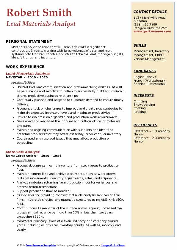 Materials Analyst Resume Samples QwikResume