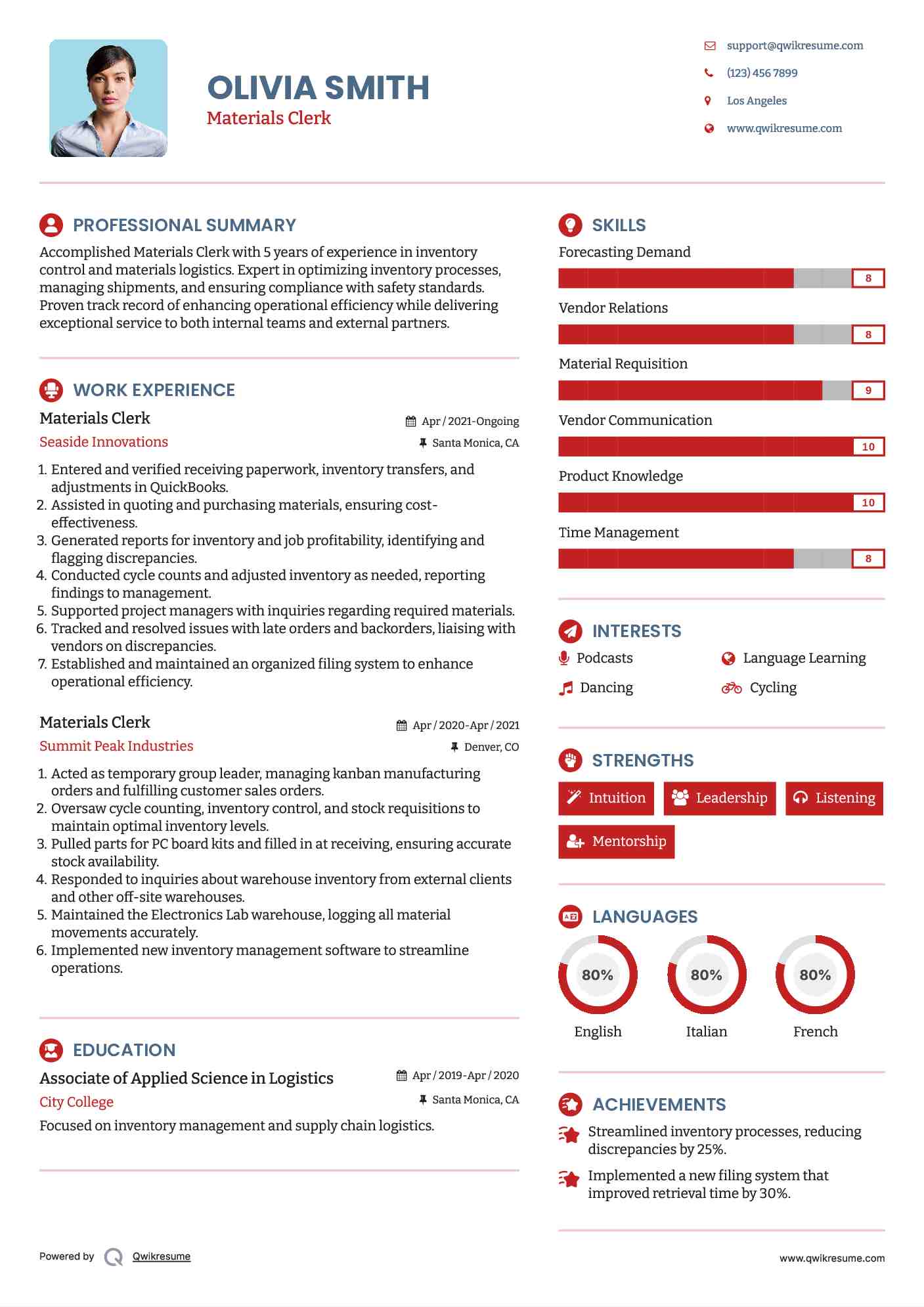Materials Clerk Resume Example