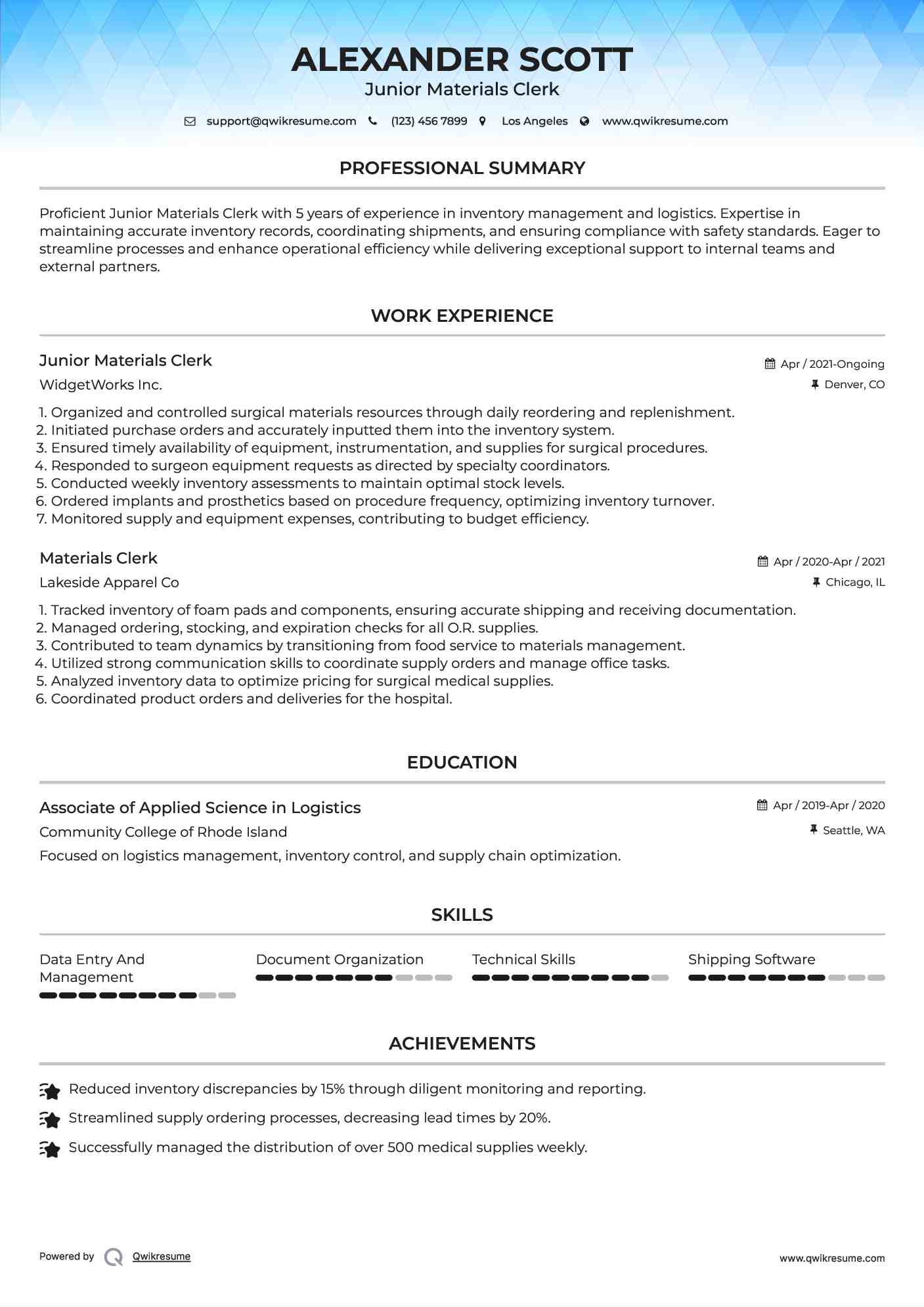 Junior Materials Clerk Resume Template