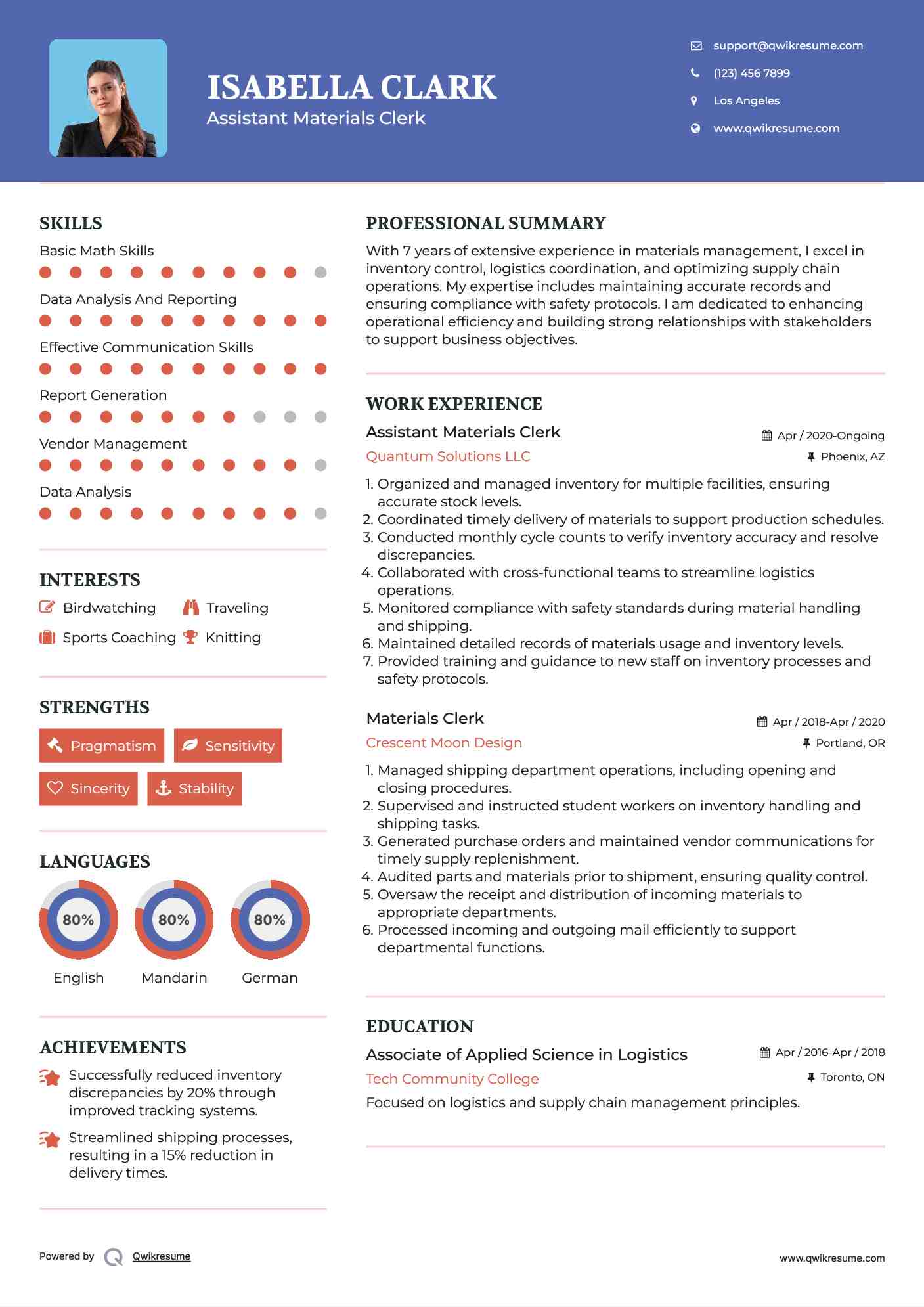 Assistant Materials Clerk Resume Model