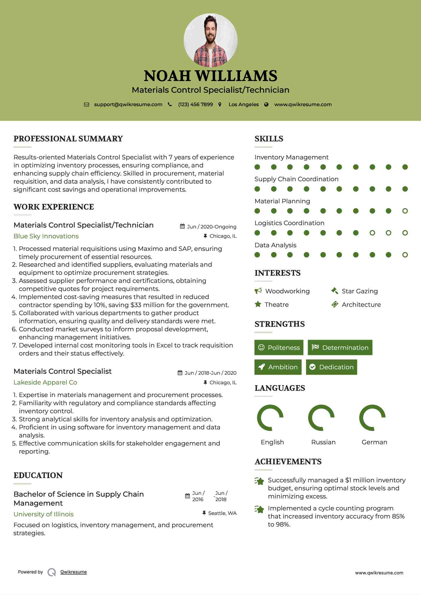 Materials Control Specialist/Technician Resume Sample