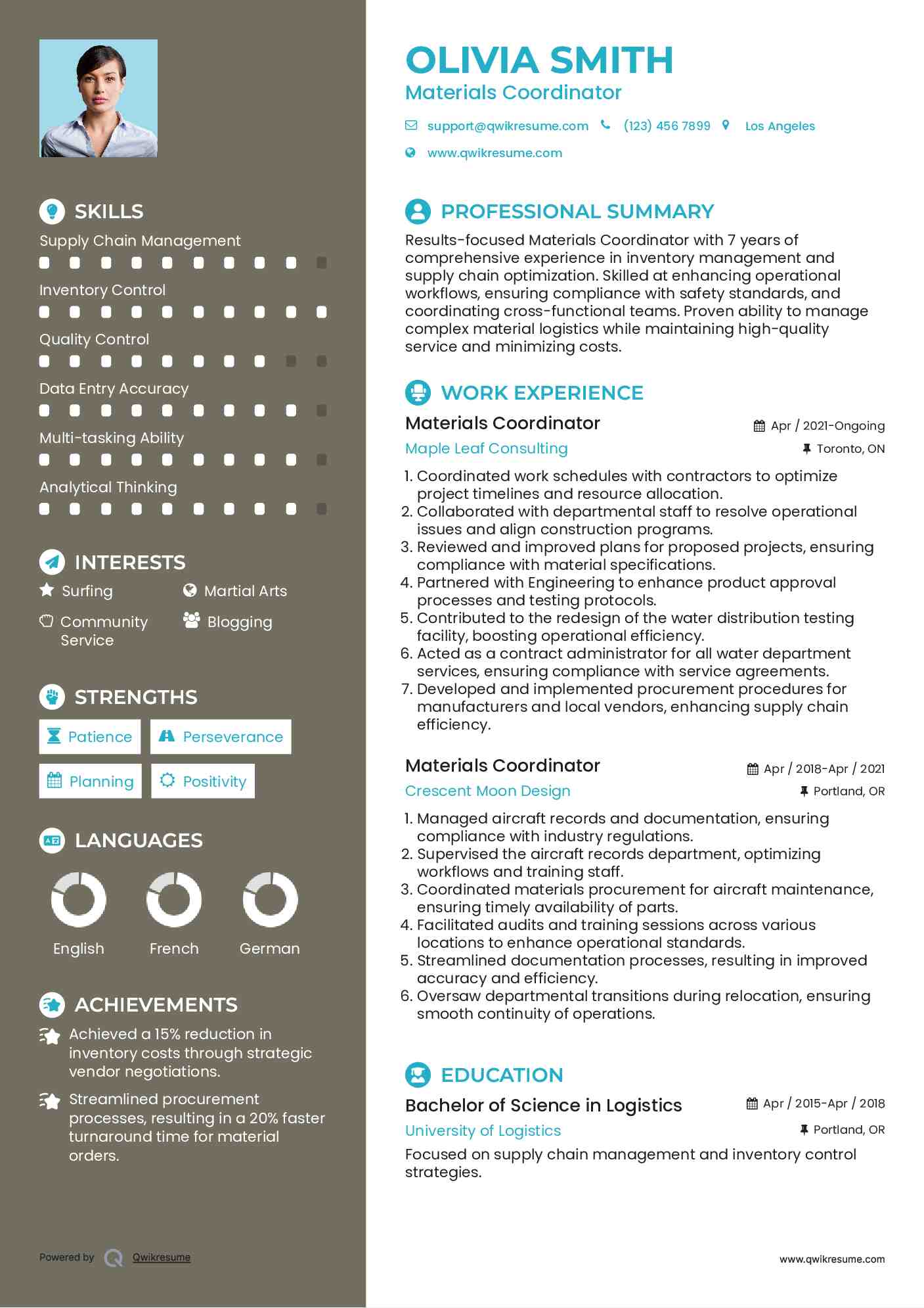 Materials Coordinator Resume Sample