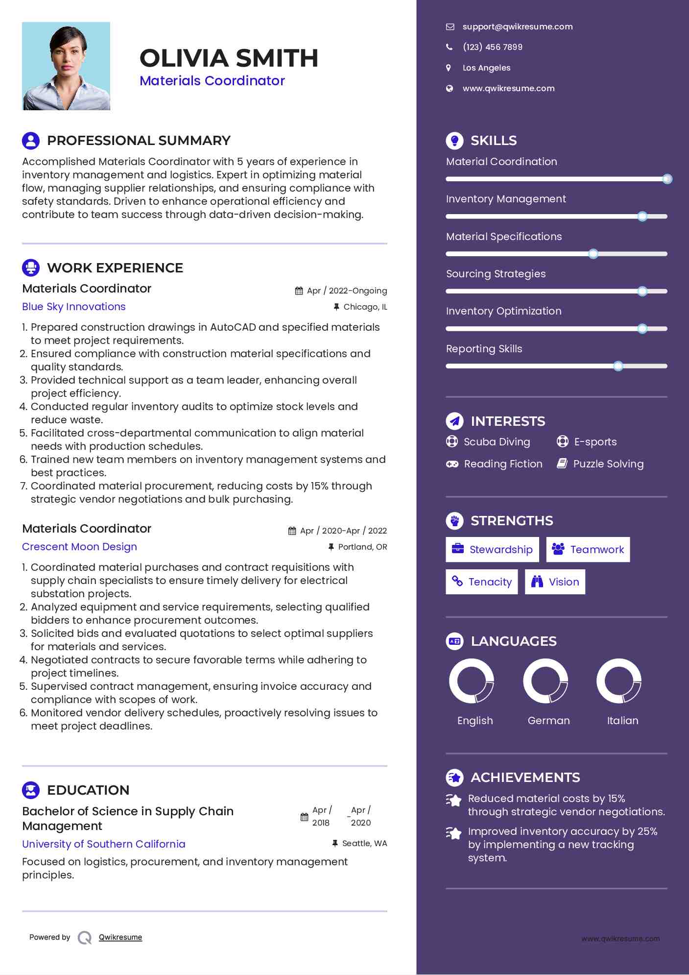 Materials Coordinator Resume Samples QwikResume