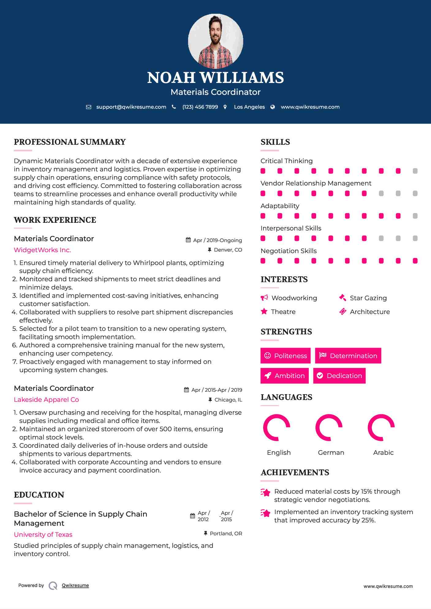 Materials Coordinator Resume Example