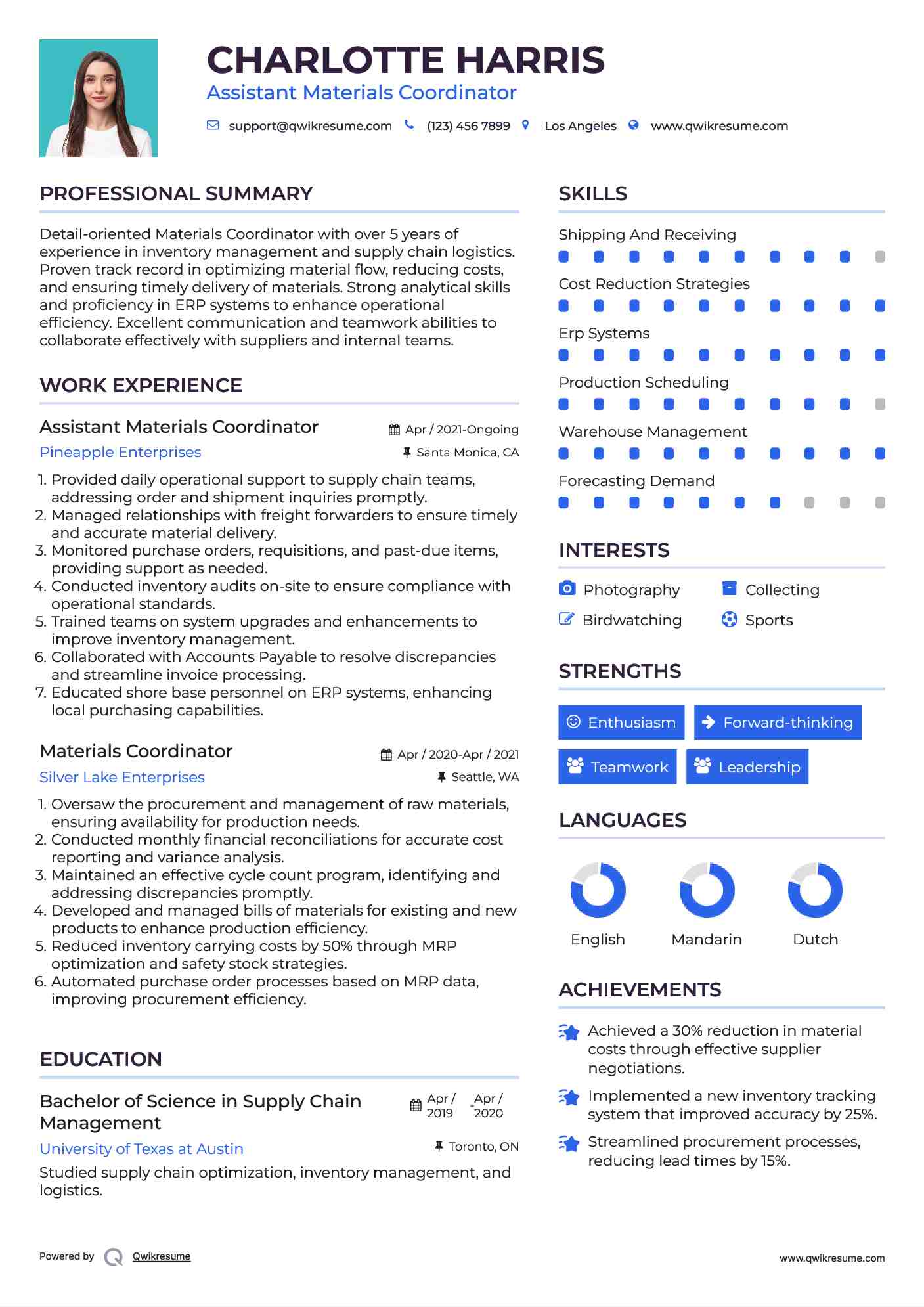 Materials Coordinator Resume Samples QwikResume