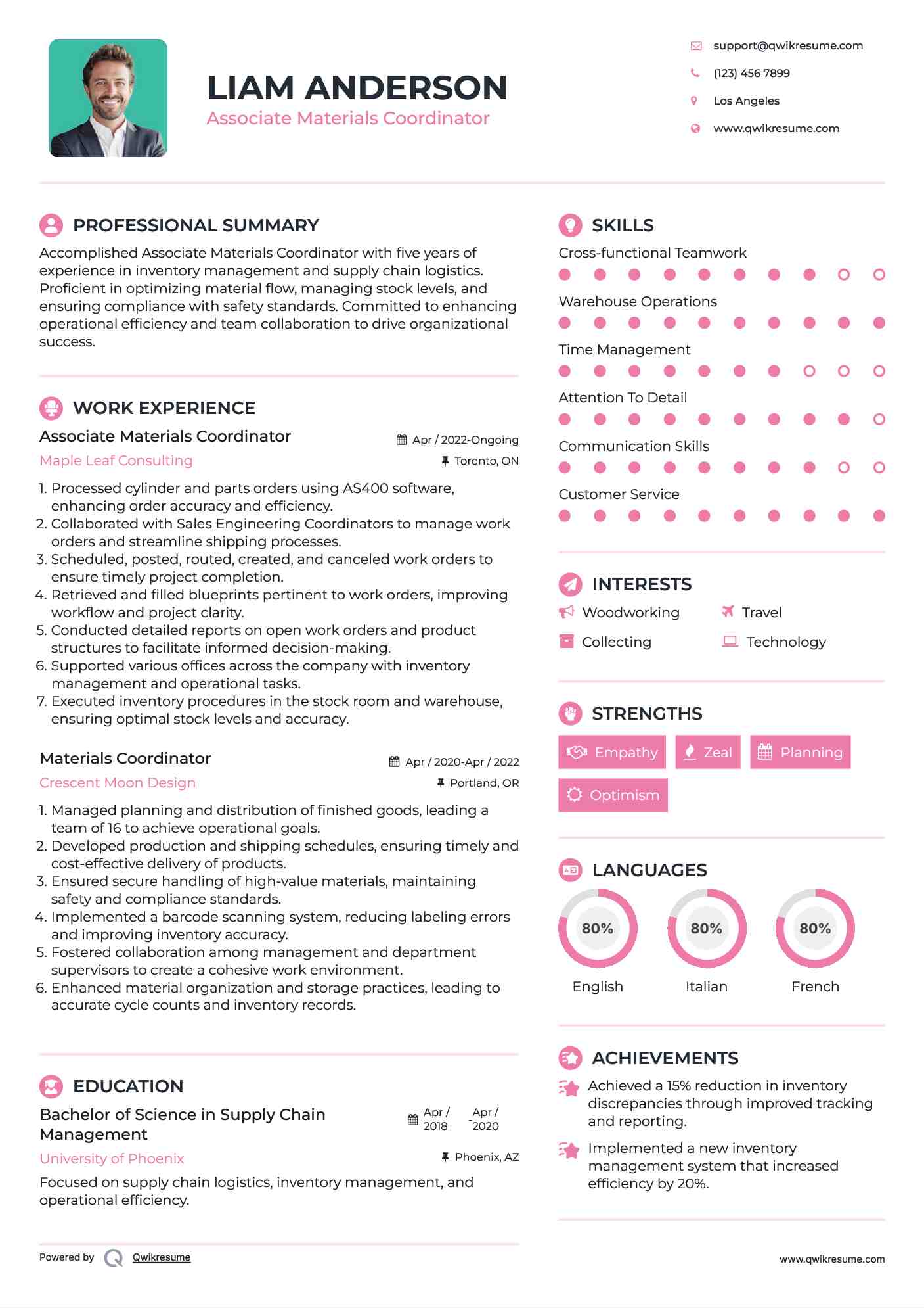 Materials Coordinator Resume Samples QwikResume