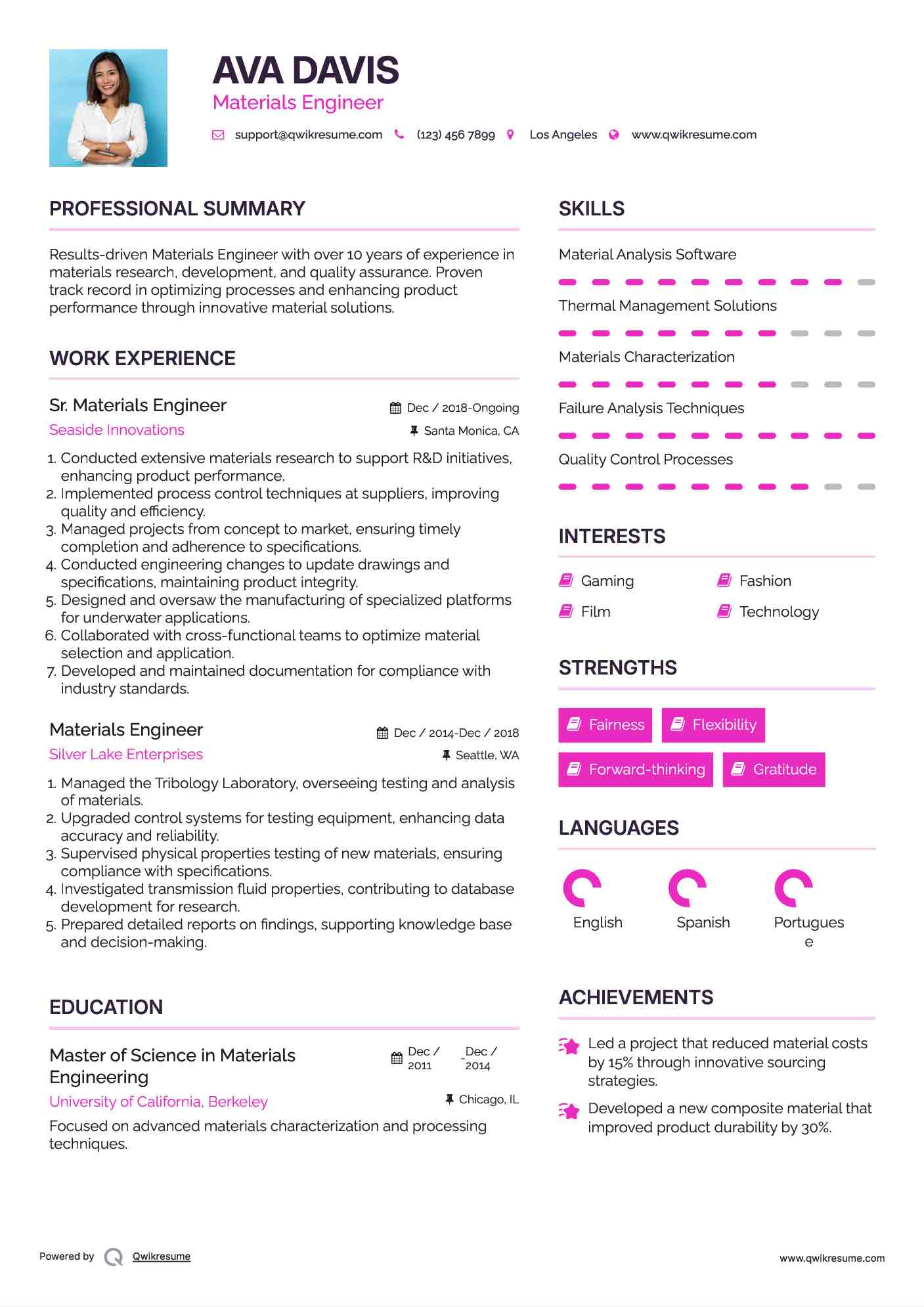 Sr. Materials Engineer Resume Model