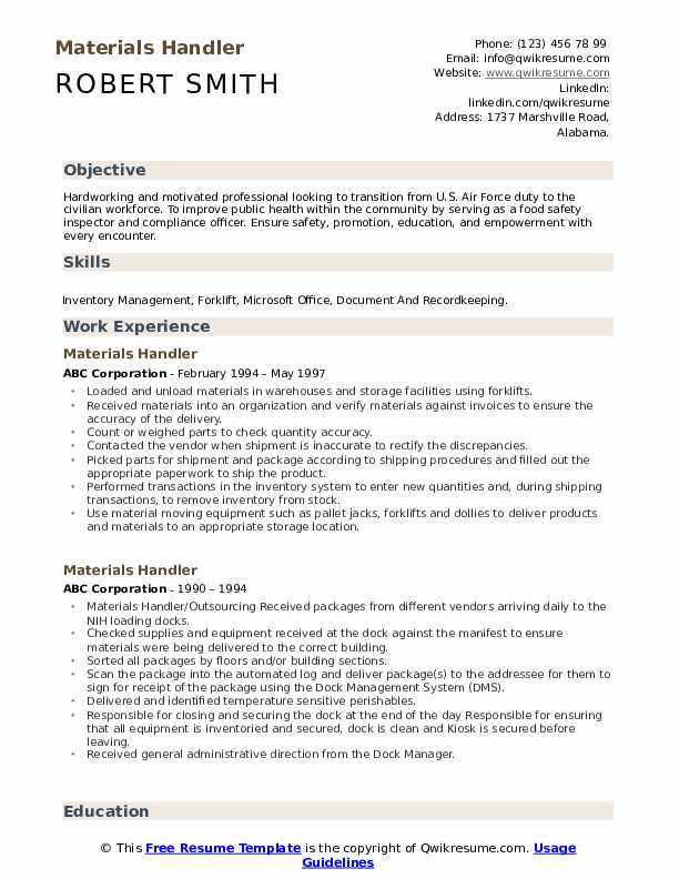 Materials Handler Resume Samples QwikResume