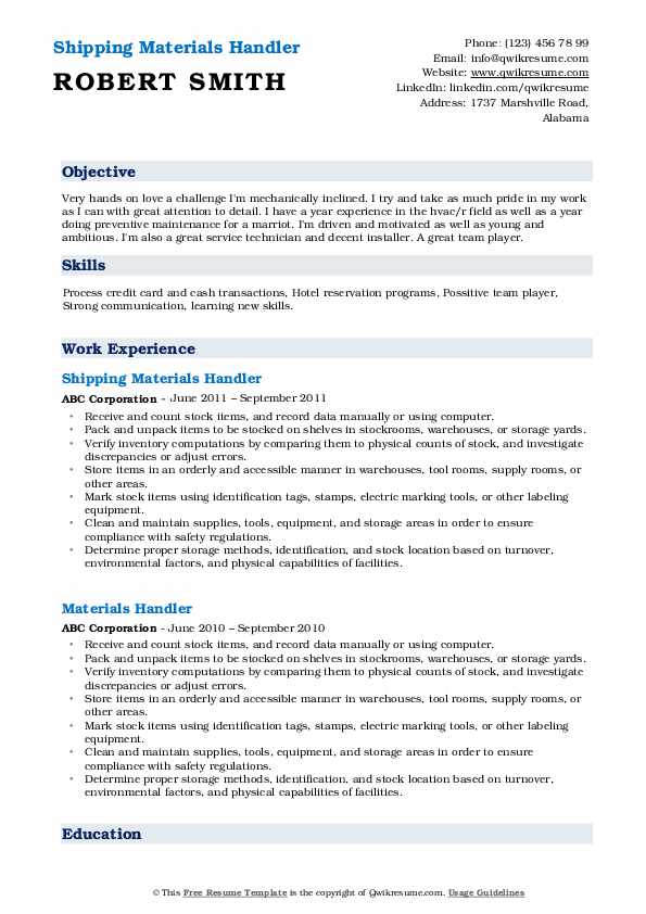 Materials Handler Resume Samples QwikResume