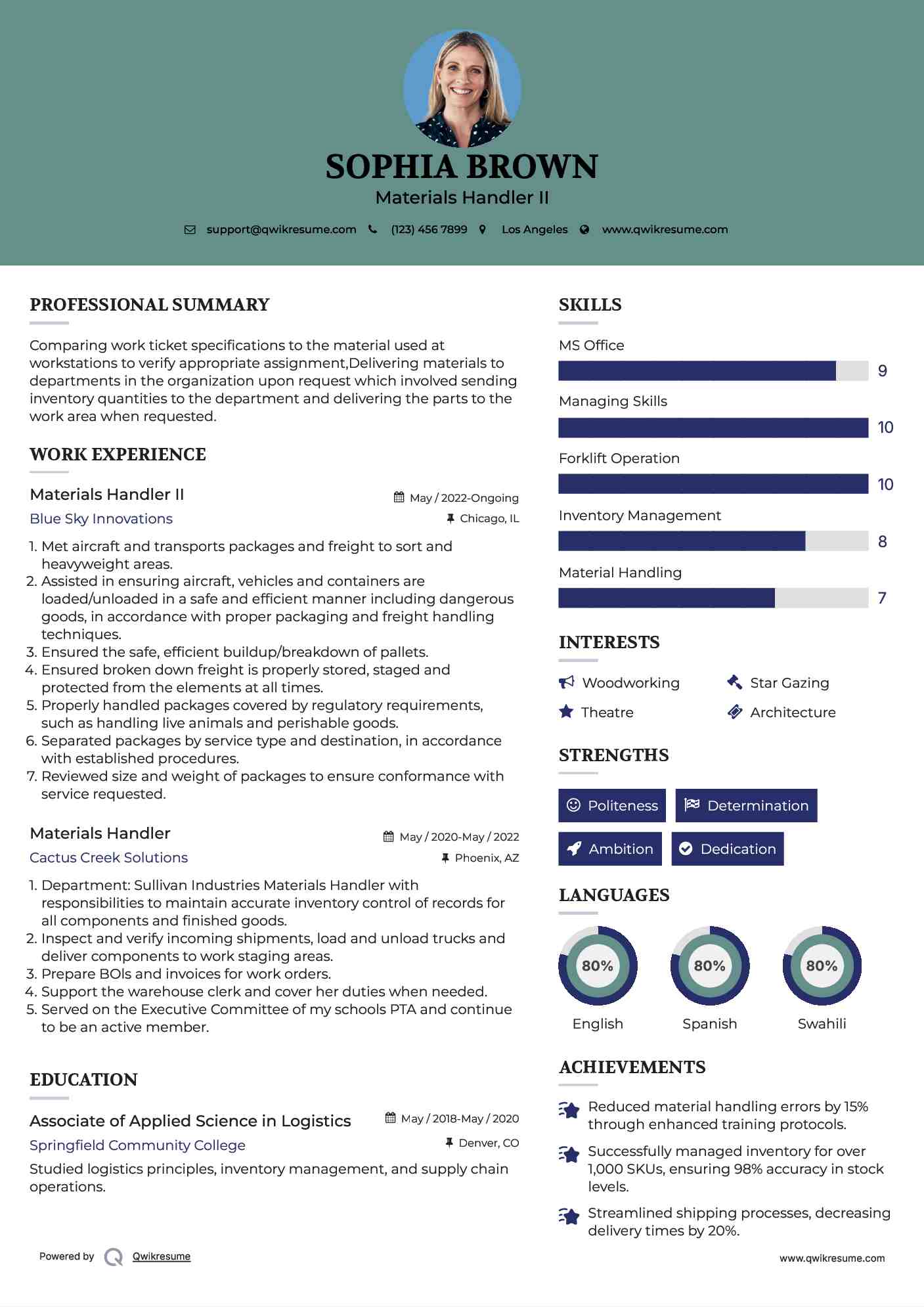 Materials Handler Resume Samples QwikResume
