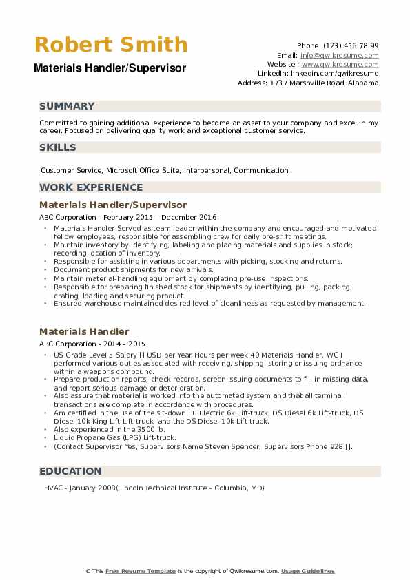 Materials Handler Resume Samples QwikResume