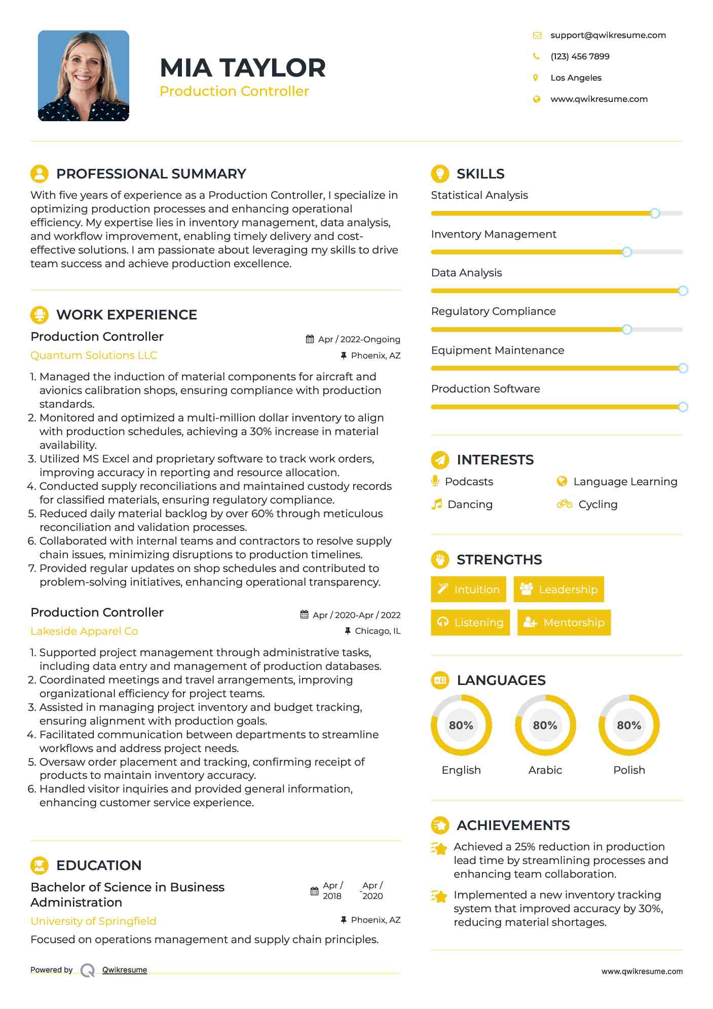 Production Controller Resume Format