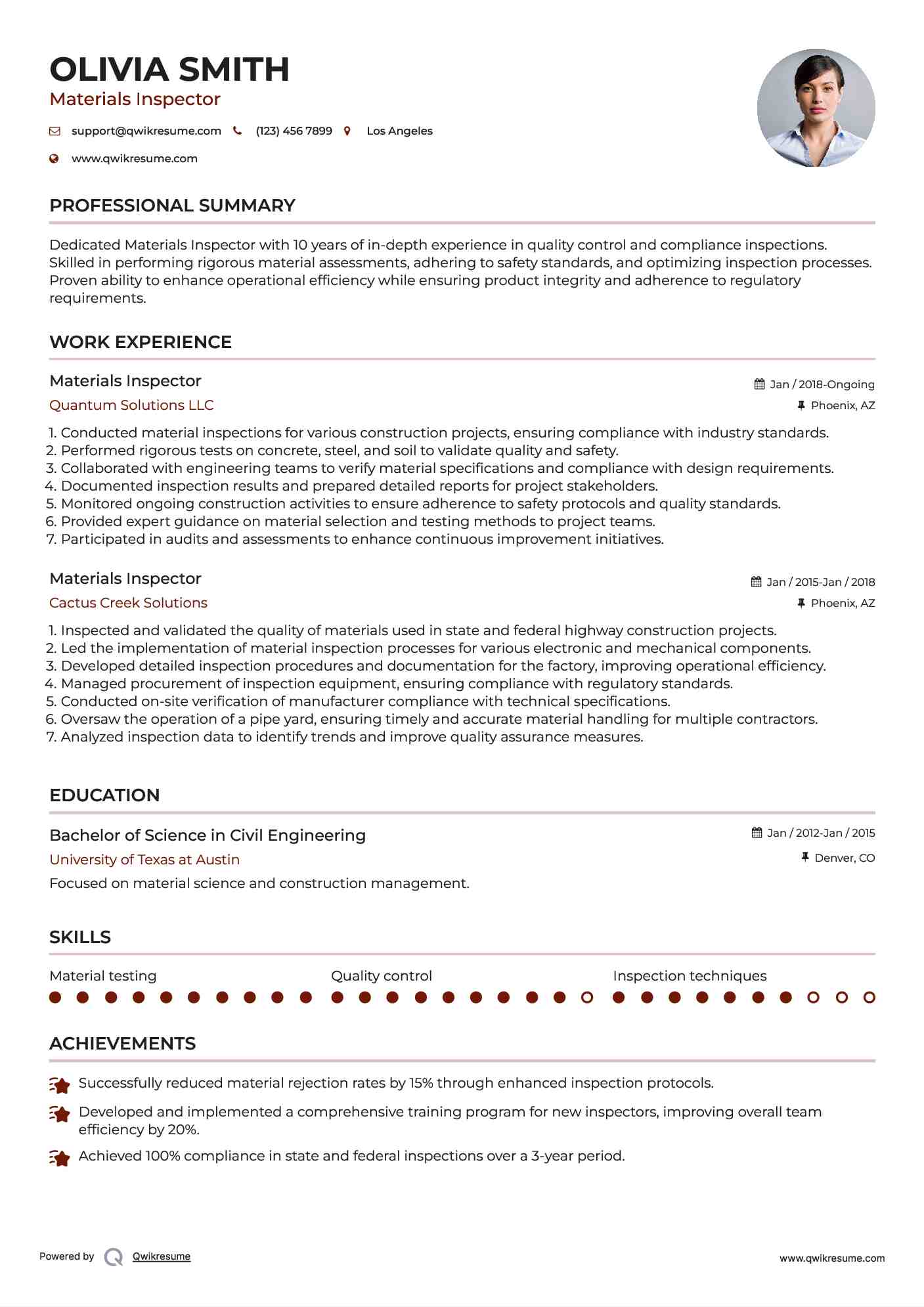 Materials Inspector Resume Template