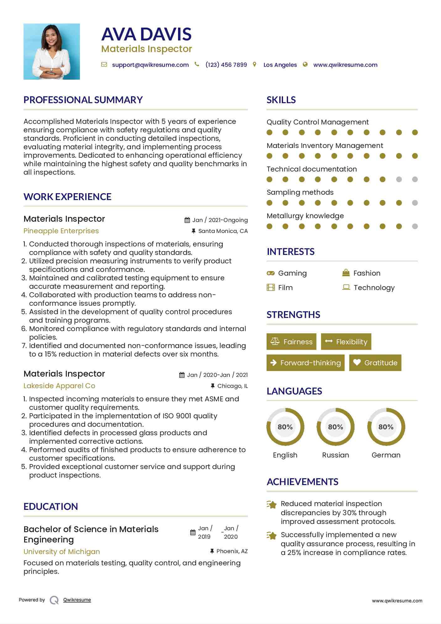 Materials Inspector Resume Example