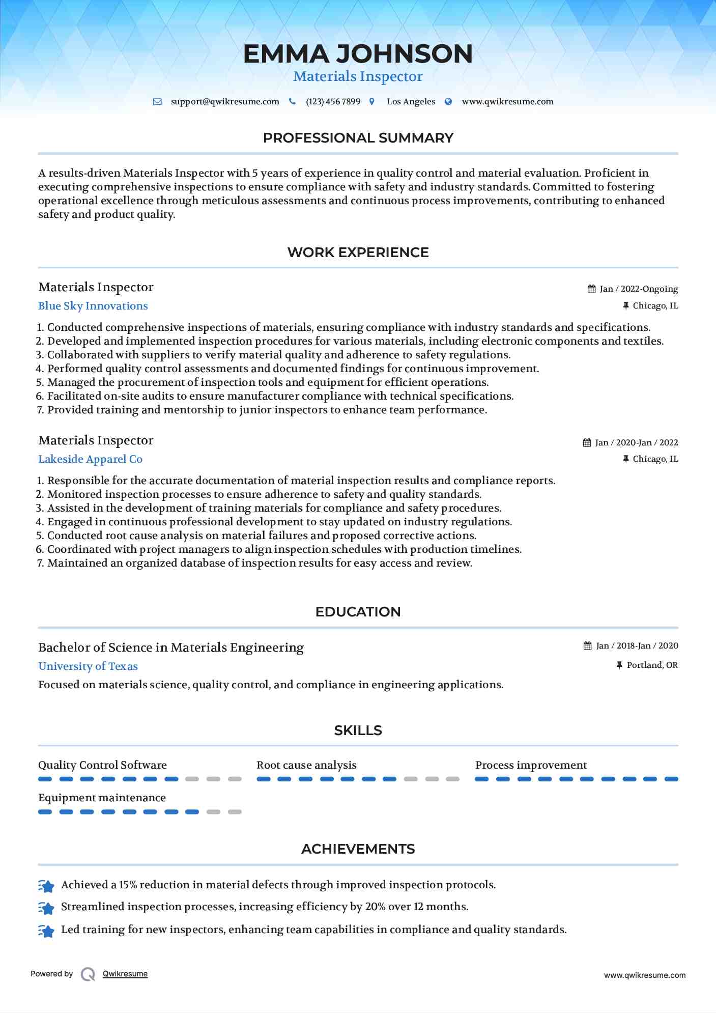 Materials Inspector Resume Format