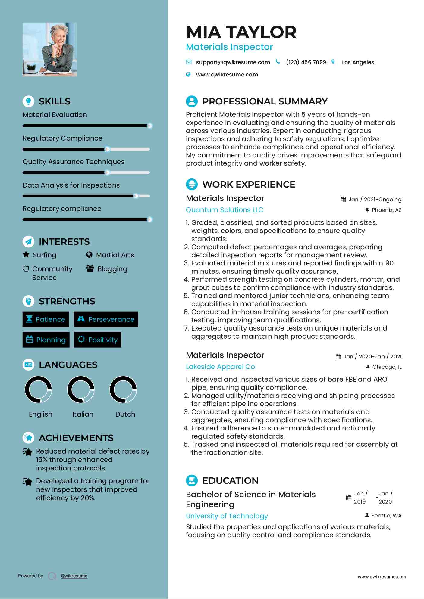 Materials Inspector Resume Example
