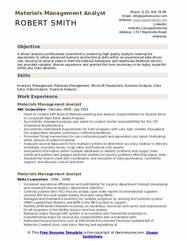 Materials Management Analyst Resume Samples QwikResume