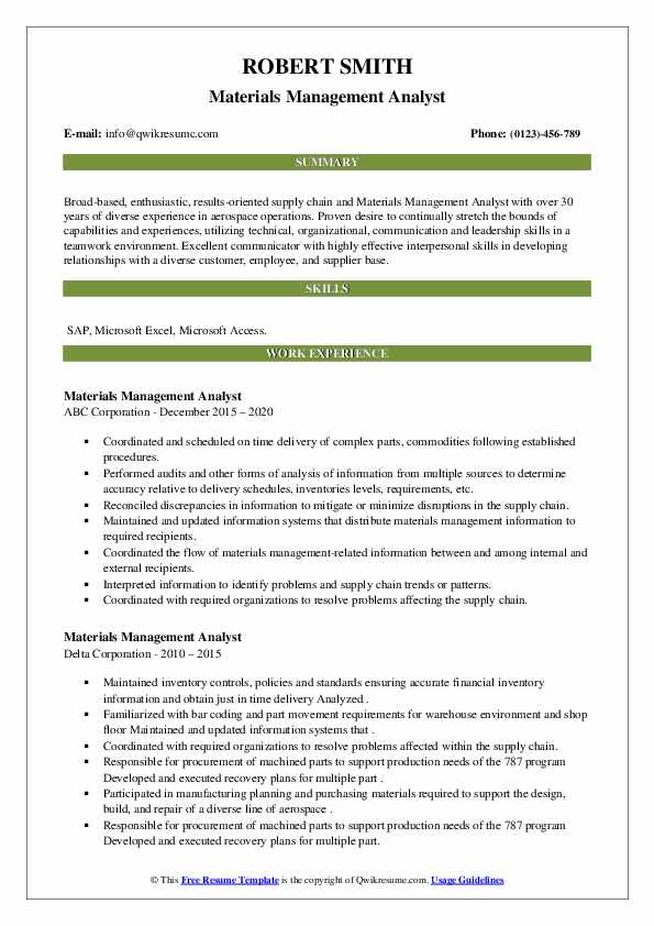 Materials Management Analyst Resume Samples QwikResume