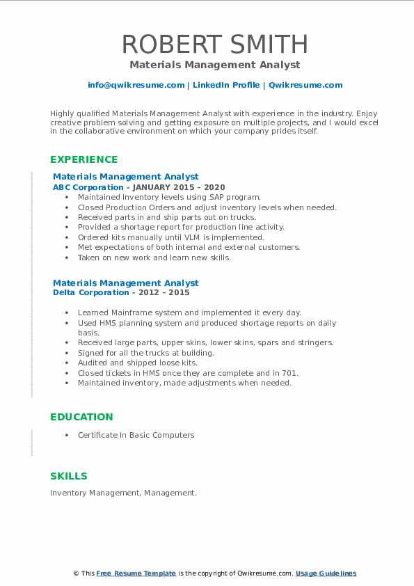 Materials Management Analyst Resume Samples QwikResume