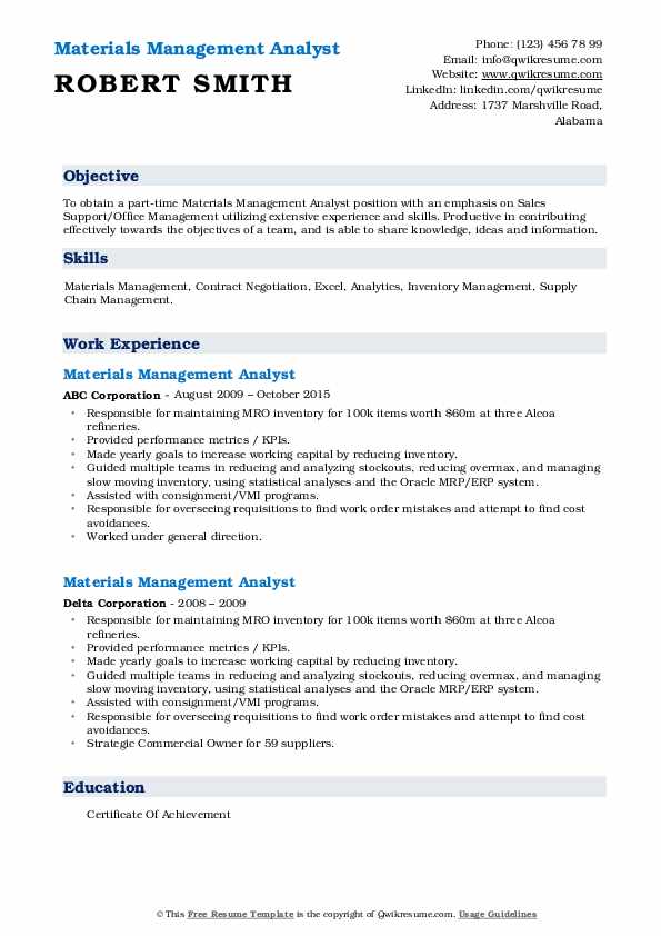 Materials Management Analyst Resume Samples QwikResume