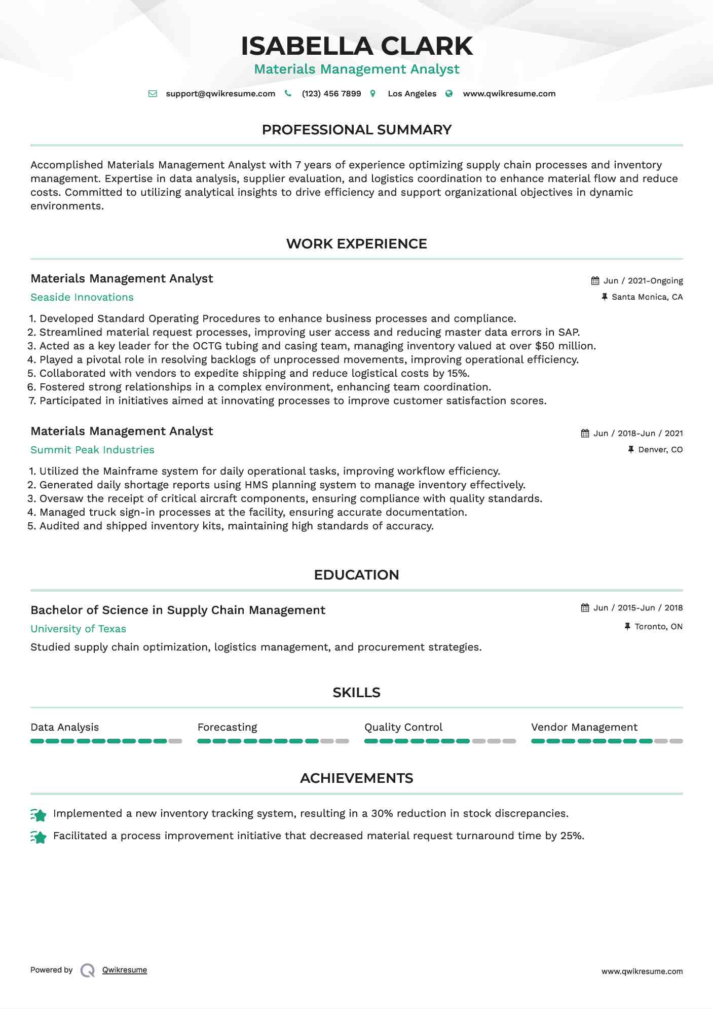 Materials Management Analyst Resume Samples QwikResume