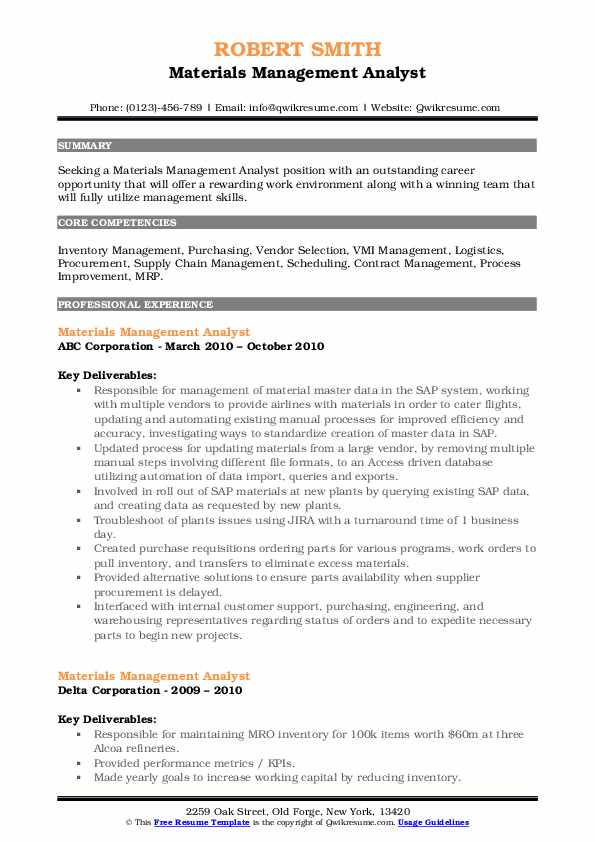 Materials Management Analyst Resume Samples QwikResume