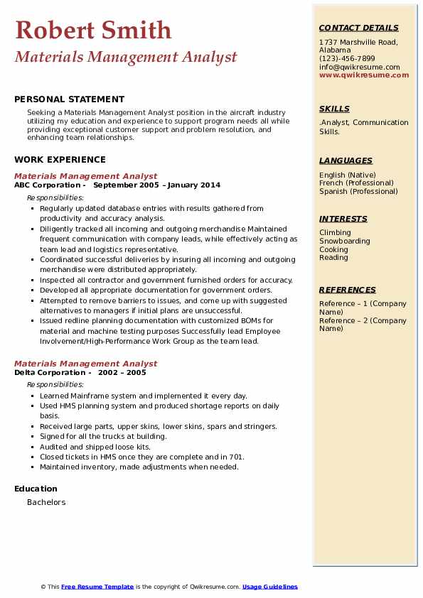 Materials Management Analyst Resume Samples QwikResume