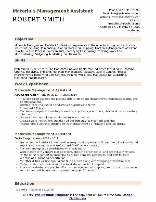 Materials Management Assistant Resume Samples QwikResume