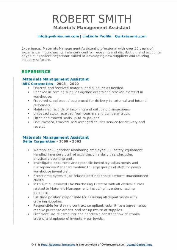 Materials Management Assistant Resume Samples QwikResume