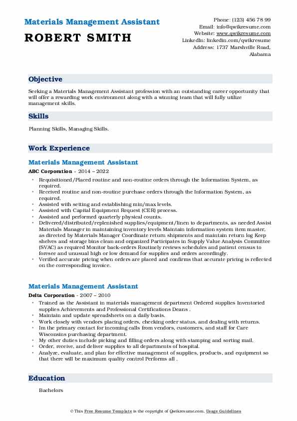 Materials Management Assistant Resume Samples QwikResume