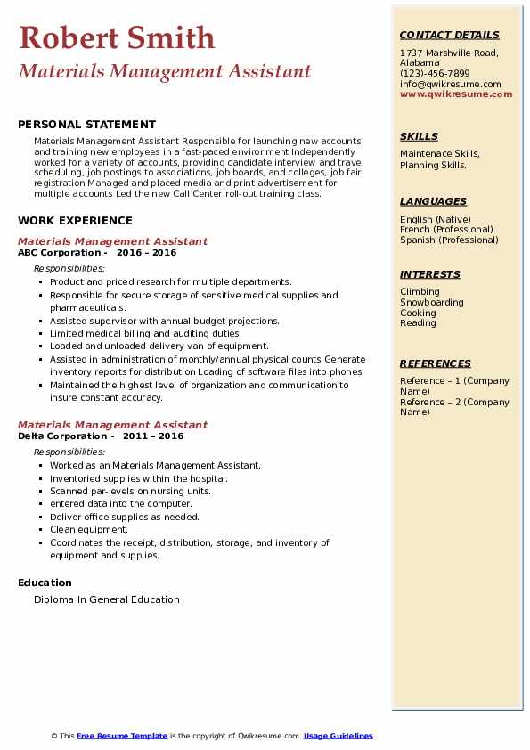 Materials Management Assistant Resume Samples QwikResume