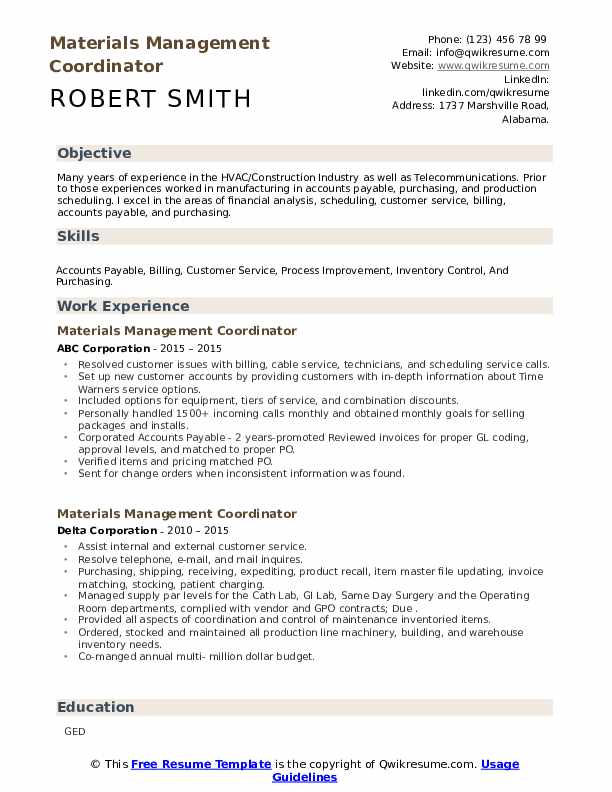 Materials Management Coordinator Resume Samples QwikResume