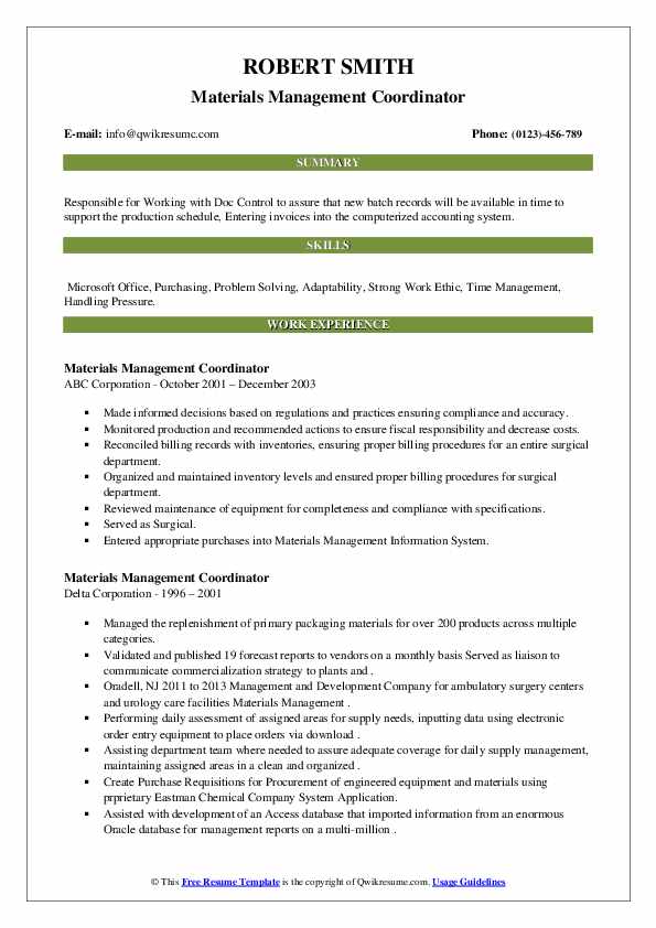 Materials Management Coordinator Resume Samples QwikResume