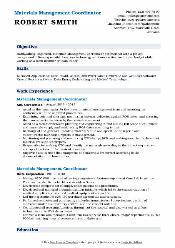 Materials Management Coordinator Resume Samples QwikResume