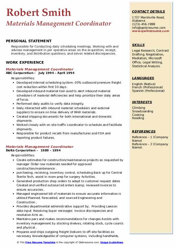 Materials Management Coordinator Resume Samples QwikResume