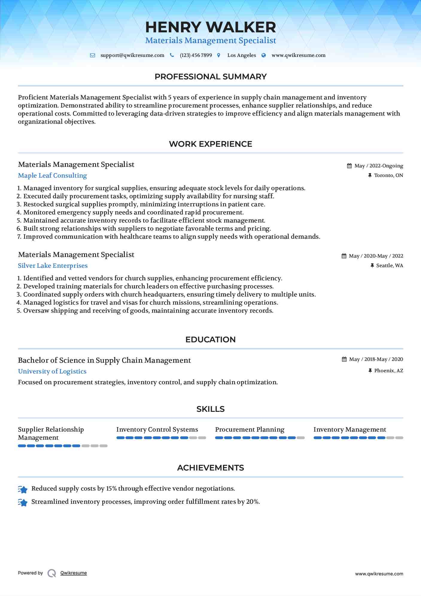 Materials Management Specialist Resume Template