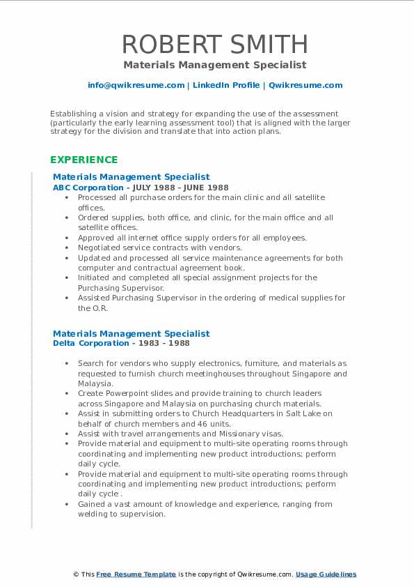 Materials Management Specialist Resume Samples QwikResume