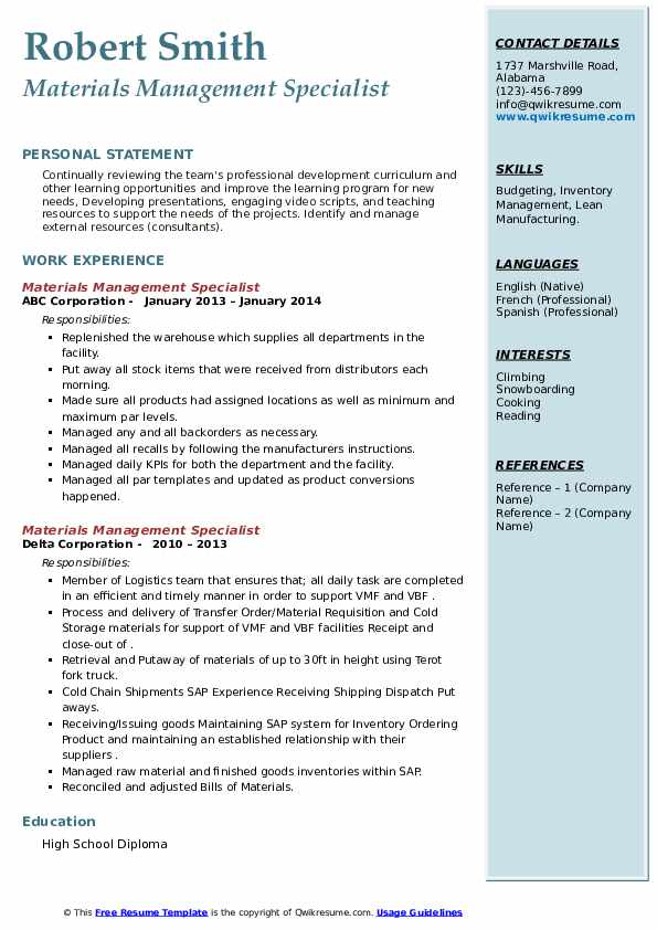 Materials Management Specialist Resume Samples QwikResume