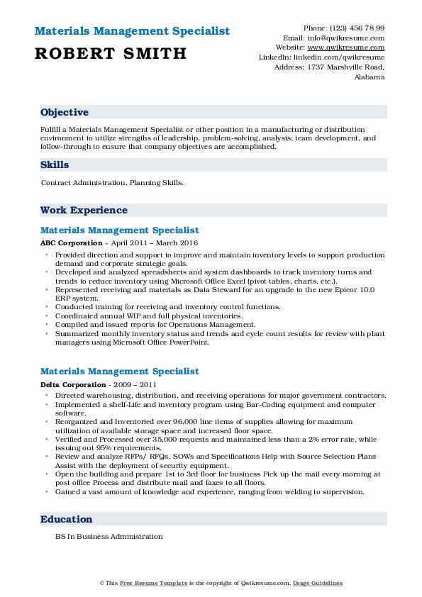 Materials Management Specialist Resume Samples QwikResume