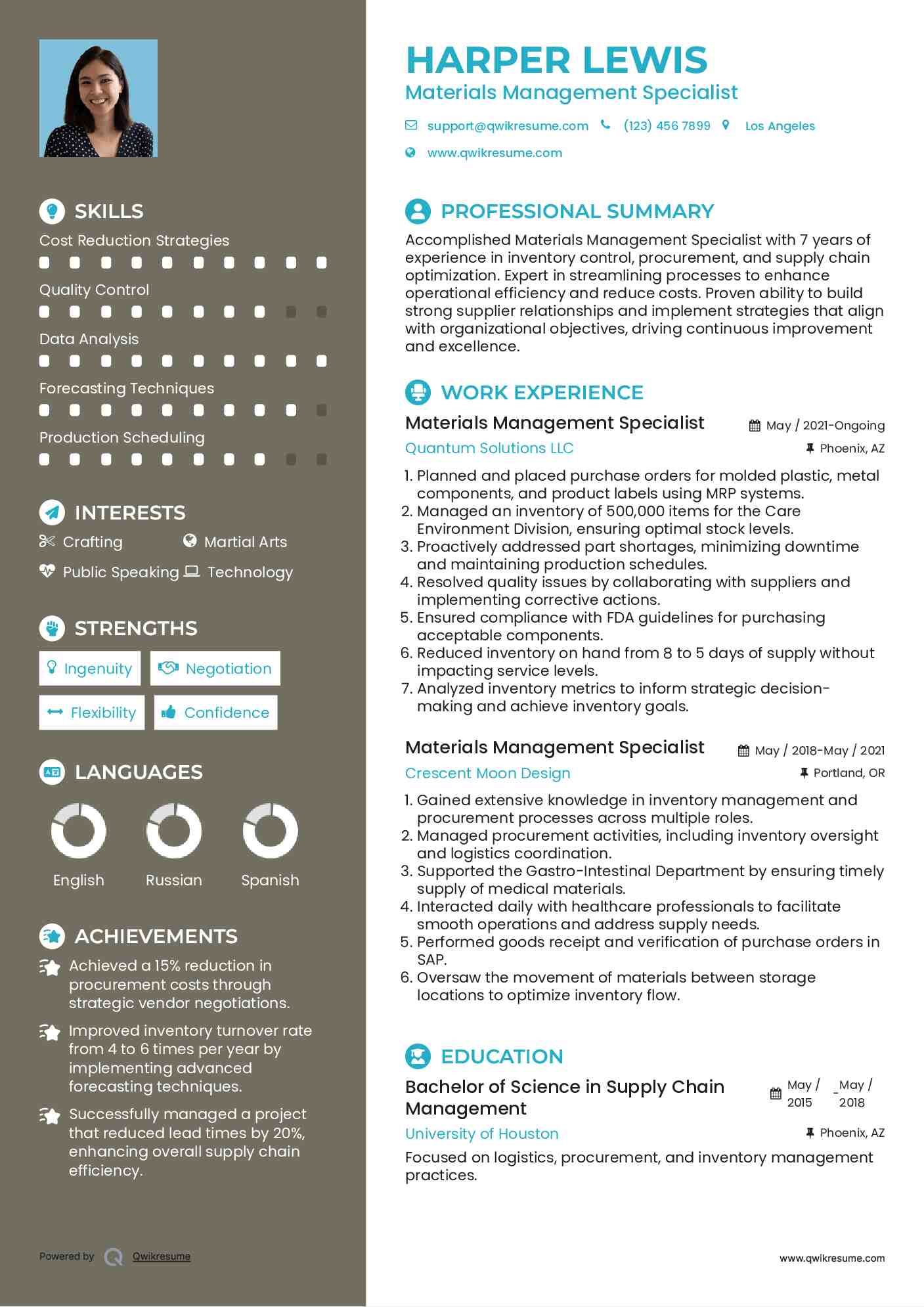 Materials Management Specialist Resume Model