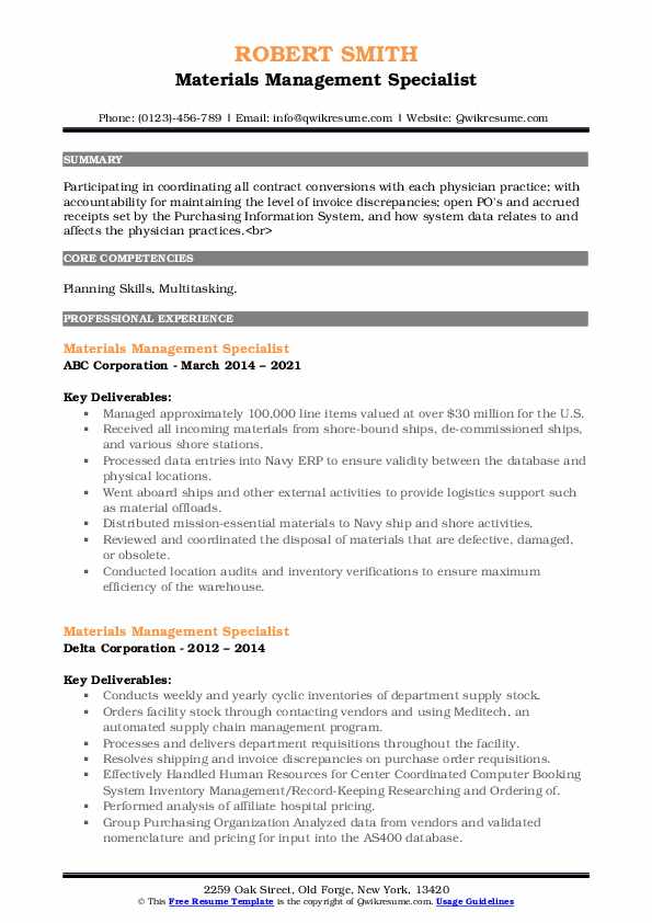 Materials Management Specialist Resume Samples QwikResume