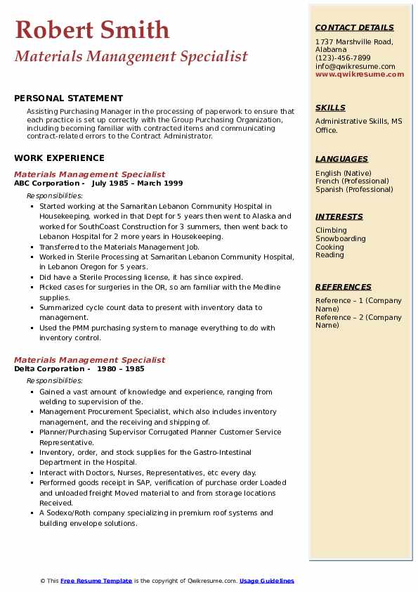 Materials Management Specialist Resume Samples QwikResume