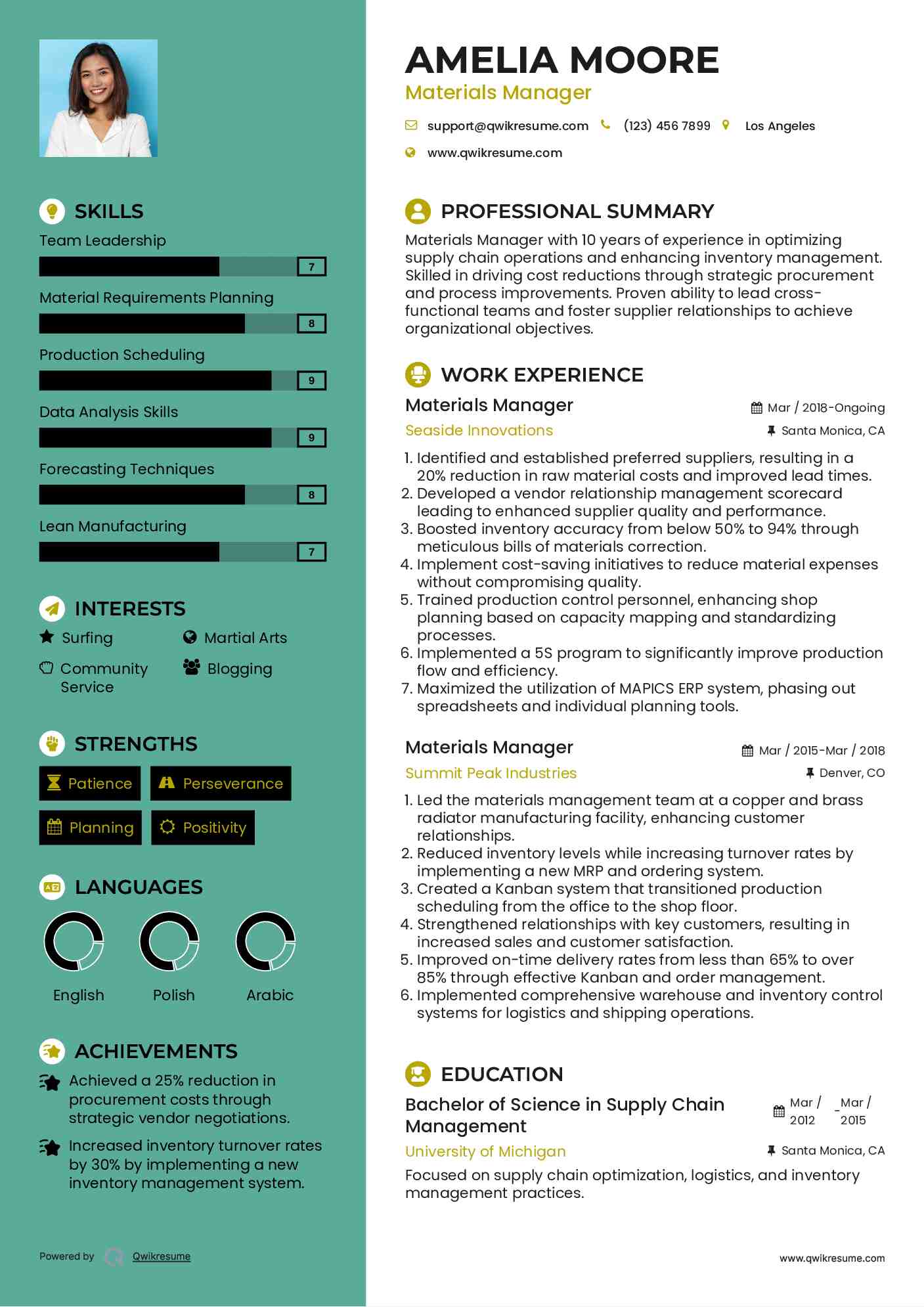 Materials Manager Resume Samples QwikResume