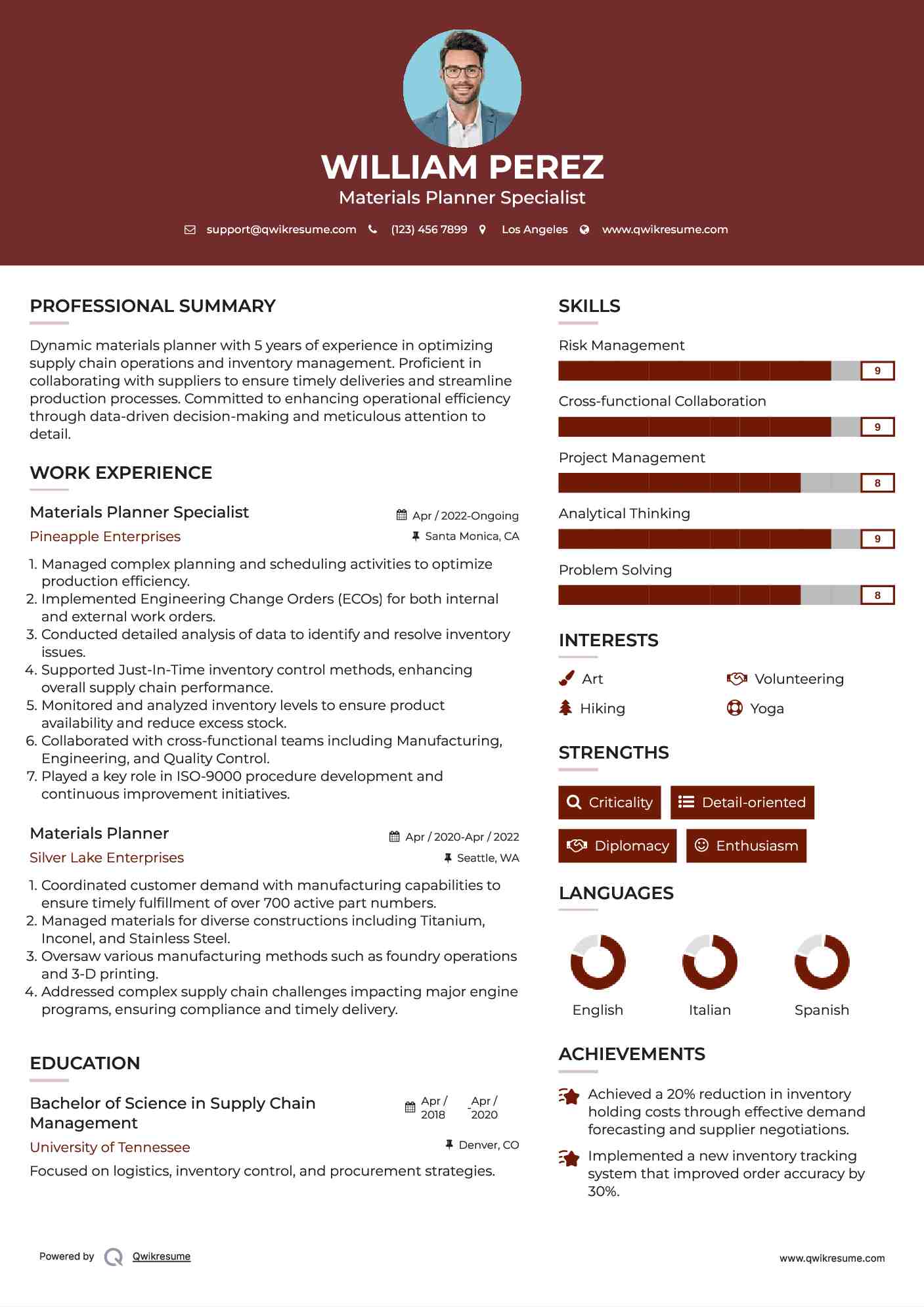 Materials Planner Specialist Resume Example