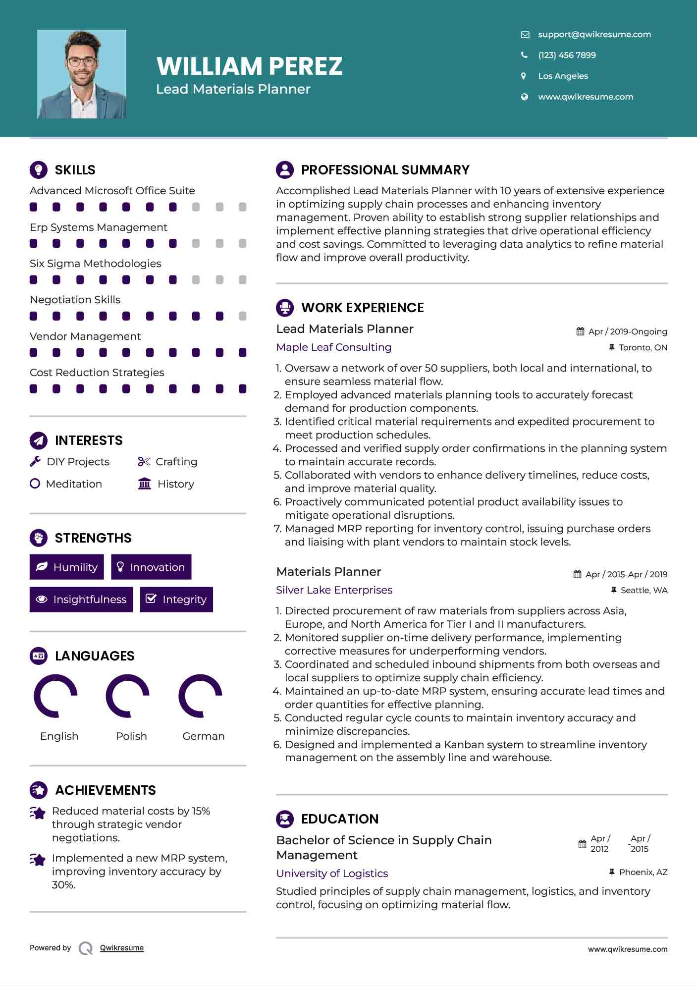 Lead Materials Planner Resume Template