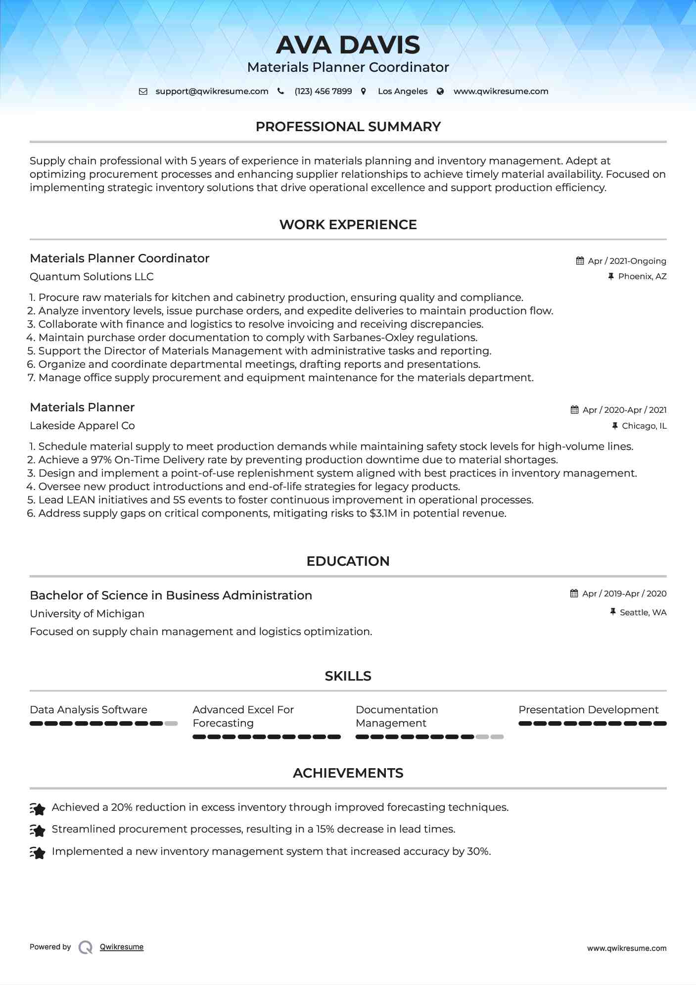 Materials Planner Coordinator Resume Example